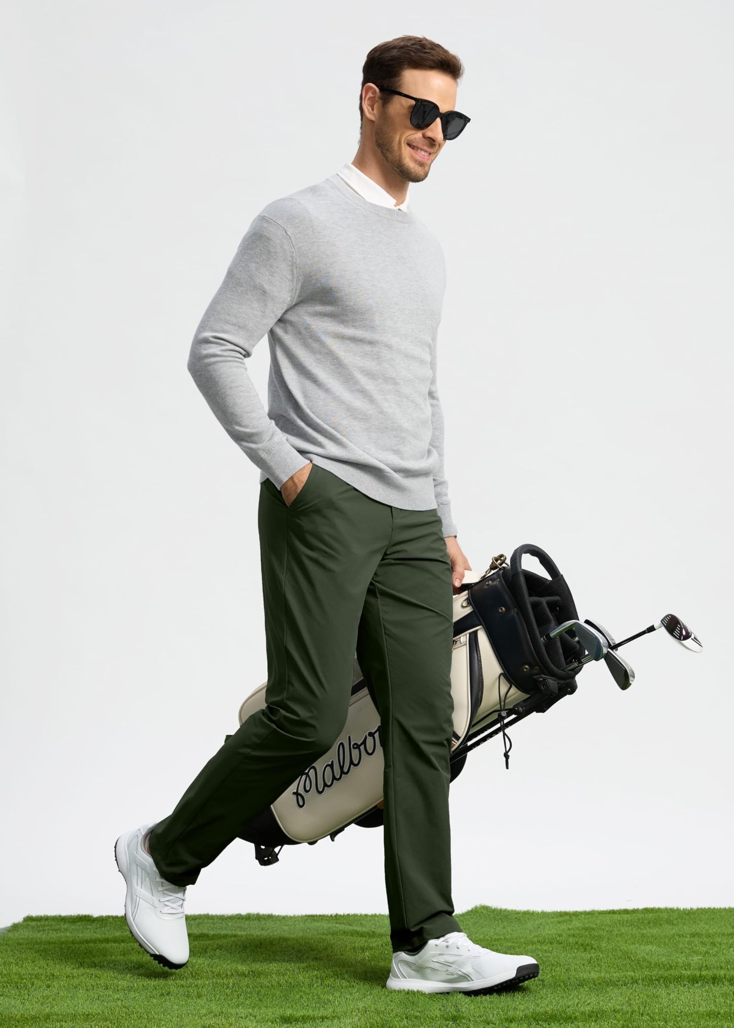 Pudolla Golf Pants for Men Stretch Dress Pants Mens Work Pants St. Patricks Day Trousers with Pockets(Army Green 32Wx32L)