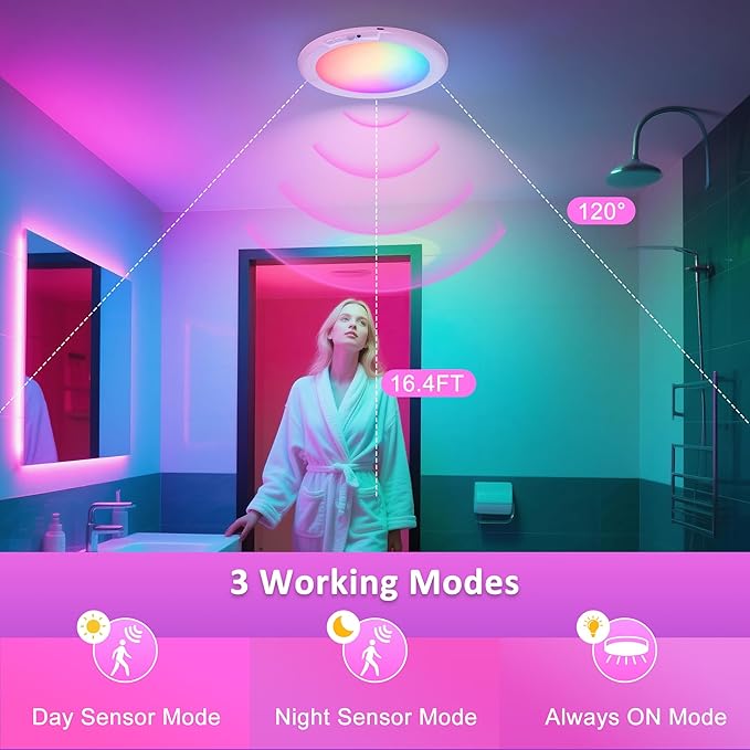 maylit Shower Lights 4 Pack, RGBW Rechargeable Ceiling Light, Waterproof Battery Operated Lamp, Wireless Stick on Inside Motion Sensor Mood LED Lighting for Bathroom No Wiring, Indoor