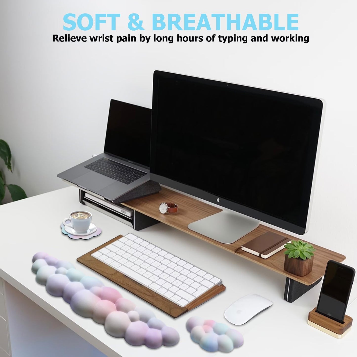 Cloud Wrist Rest Keyboard, PU Leather Memory Foam Wrist Support for Computer Keyboard, Ergonomic Keyboard Pad and Cute Mouse Wrist Pad for Gaming, Office, Computer, Easy Typing Pain Relief, Rainbow