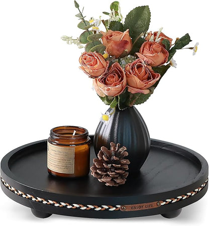 Decor Decorative Round Tray 11.81in for Home Decor for Coffee Table Farmhouse Kitchen Table Living Room Bathroom Centerpiece Tray Decor Black with Stripes