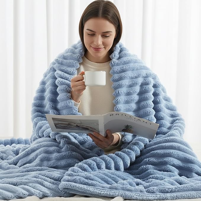 decorUhome Soft Fleece Blue Grey Throw Blanket for Couch, Cozy Fluffy Plush Flannel Striped Blanket for Sofa Bed, Lightweight Decorative Ribbed Fuzzy Blanket for Woman, 50x60 Inches