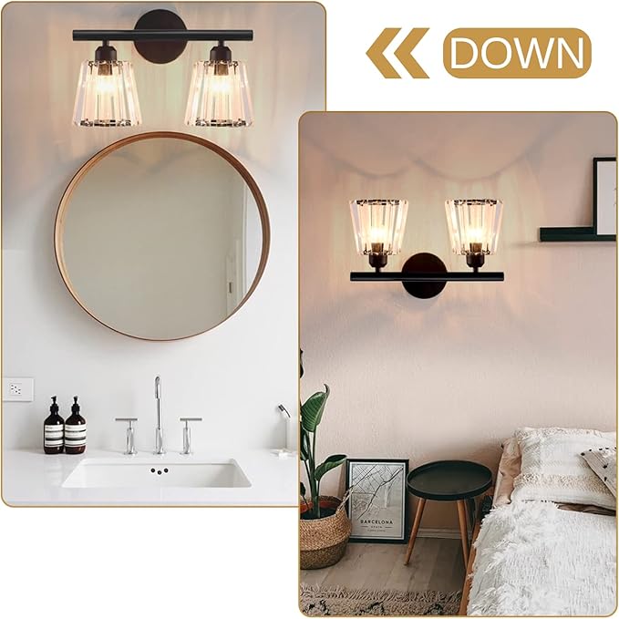 TISLYCO 2 Lights Sconces Wall Decor, Modern Vanity Light Fixture Over Mirror, Black Crystal Wall Sconce for Hallway Entryway Restroom, 2 Lights Bathroom sconces