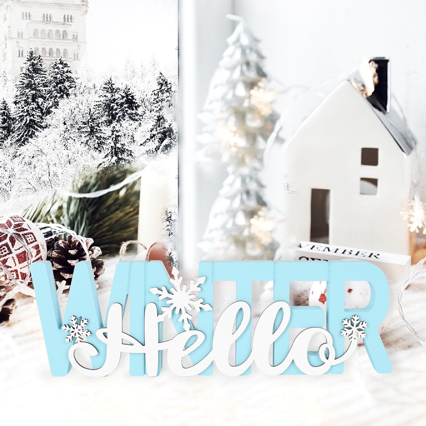 COCHIE Wooden Hello Winter Sign, Holidays Snowflake Decorations for Home, Office, Shelf, Mantel, Indoor, Wood White Snowflake Decor, Blue Table Top Party Supplies Decoration (Winter)