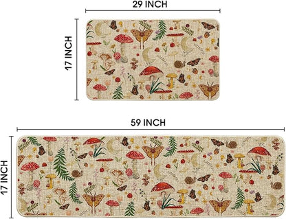 Artoid Mode Mushrooms Butterfly Spring Kitchen Mats Set of 2, Home Decor Low-Profile Kitchen Rugs for Floor - 17x29 and 17x59 Inch