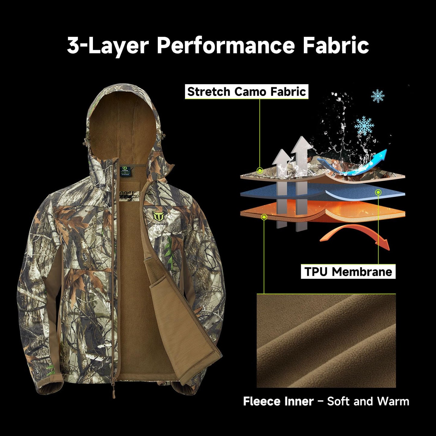 TIDEWE Hunting Clothes for Men with Fleece Lining, Safety Strap Compatible Water Resistant Silent Jacket and Pants, Hunting Suit for Climbing Hiking Trekking Camping (Next Camo G2 Size XL)