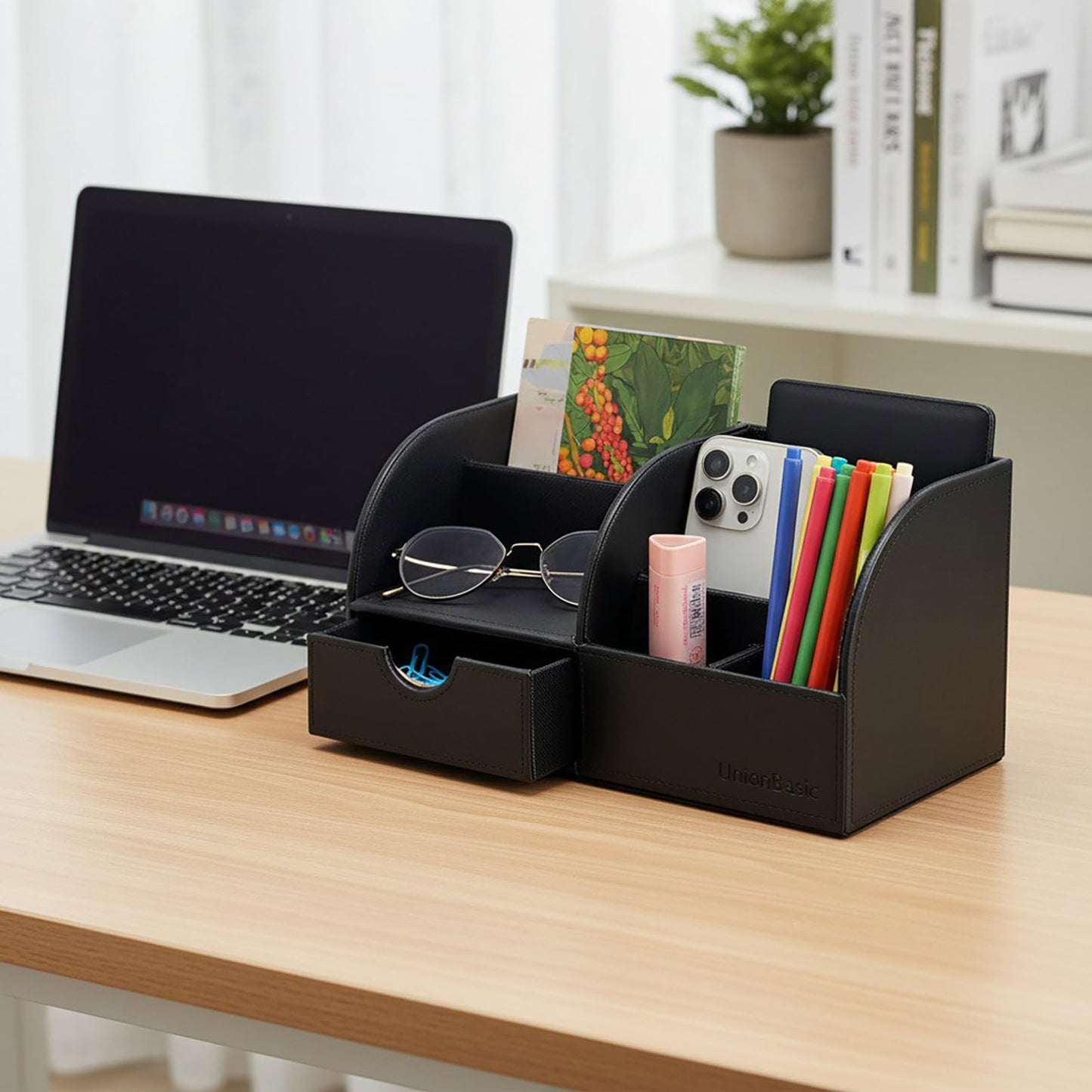 UnionBasic Desk Organizer - Multifunctional Leather Desktop Pen Holder Storage Box - Business Card/Pen/Pencil/Mobile Phone/Stationery Holder, Black