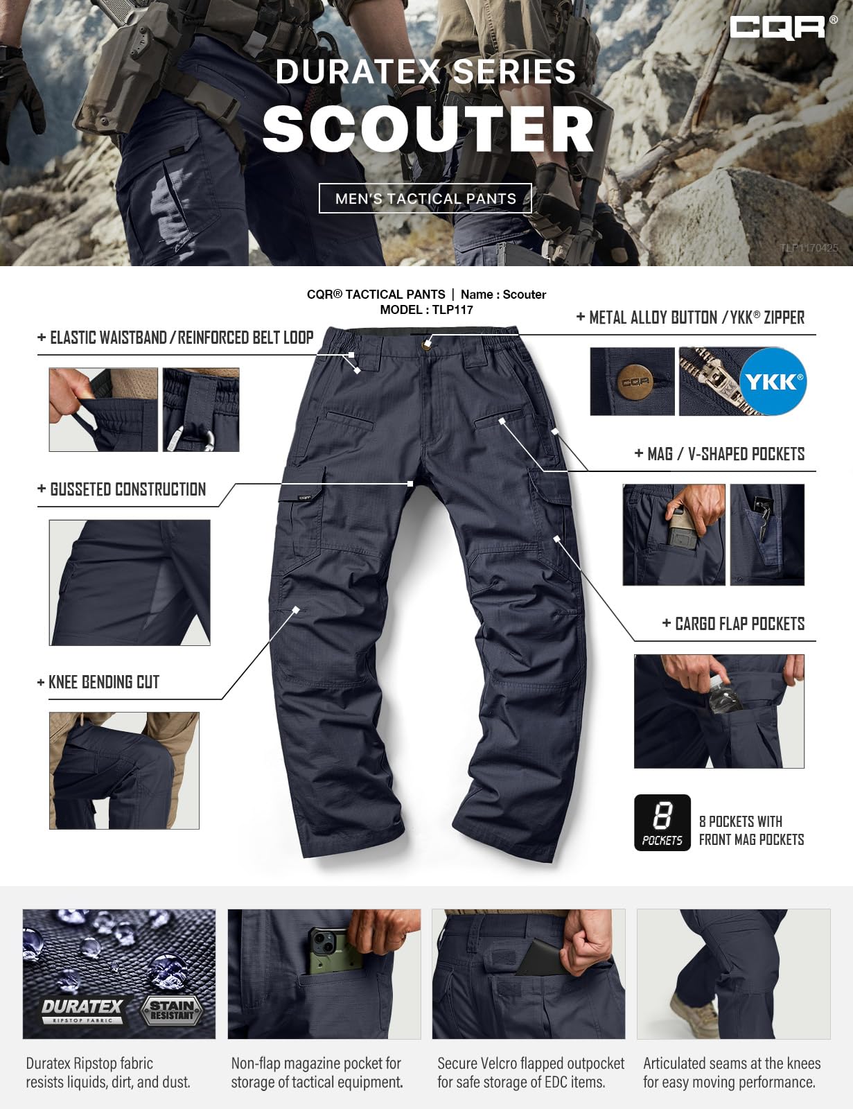CQR Men's Tactical Pants, Water Resistant Ripstop Cargo Pants, Lightweight EDC Work Hiking Pants, Outdoor Apparel, Raider Police Navy, 34W x 30L