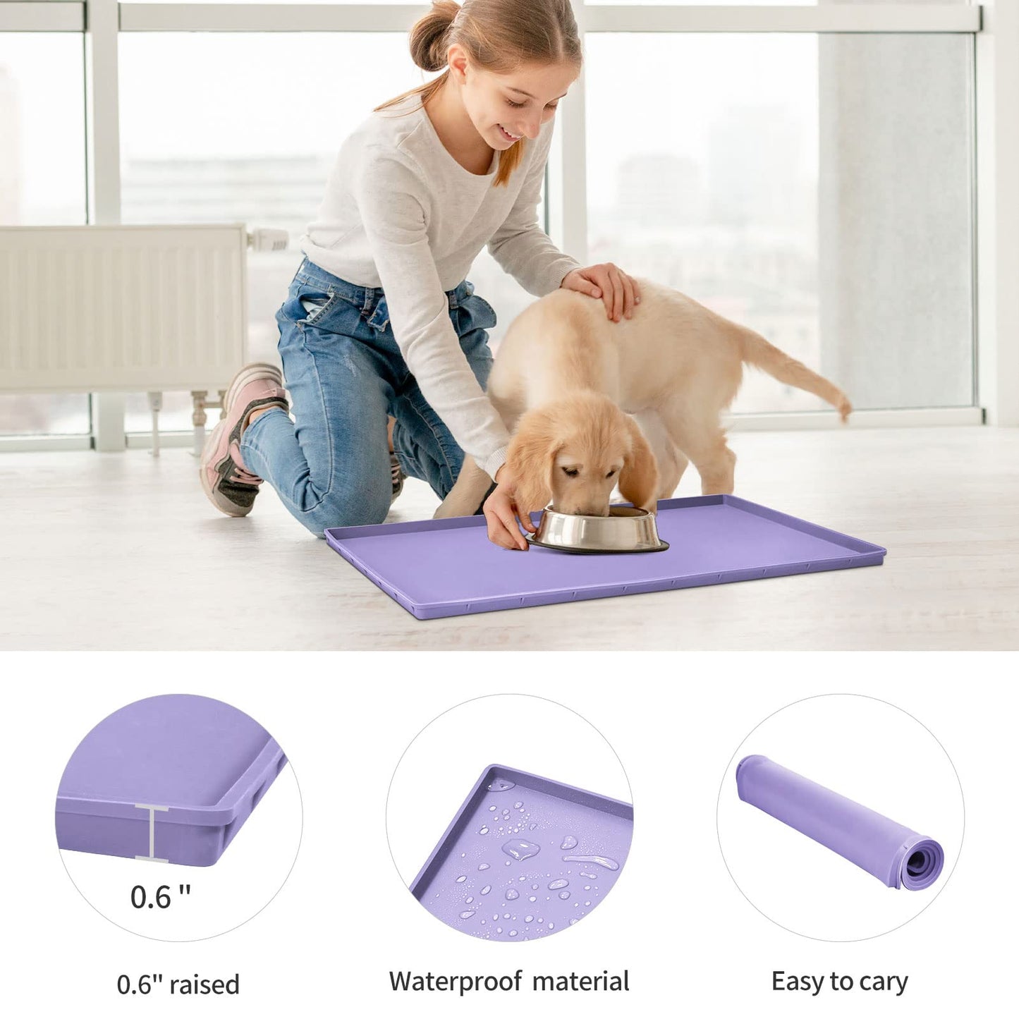 EIOKIT Dog Food Mat,Silicone Waterproof Food Tray,Non Slip Pet Bowl Mats Placemat,0.6" Raised Edge,Suitable for Most Small and Medium Sized Pets,18.5" x 11.5"