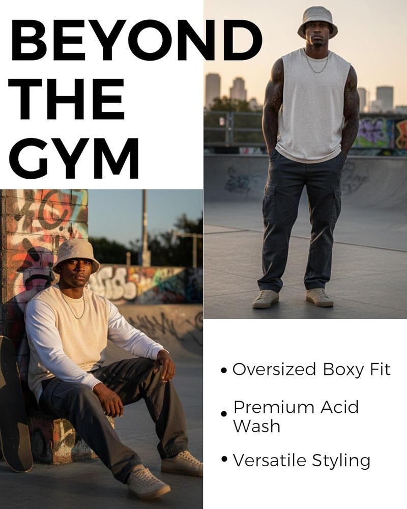 Men's Vintage Washed Muscle Tank Tops - 3 Pack Heavyweight Cotton Gym Shirts | Oversized Fit