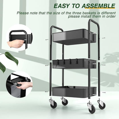 LEHOM 3 Tier Rolling Cart, Metal Rolling Utility Cart with Lockable Wheels & Hooks, Multi-Functional Heavy Duty Storage Cart Organizer for Bathroom, Kitchen, Office, Living Room