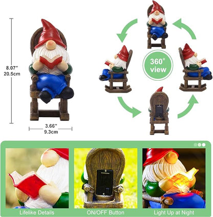 Gnome Reading Solar Statue - Outdoor Solar Gnome Reading on a Chair Garden Decor - Unique Design Ideal Gifts for Women,Mom