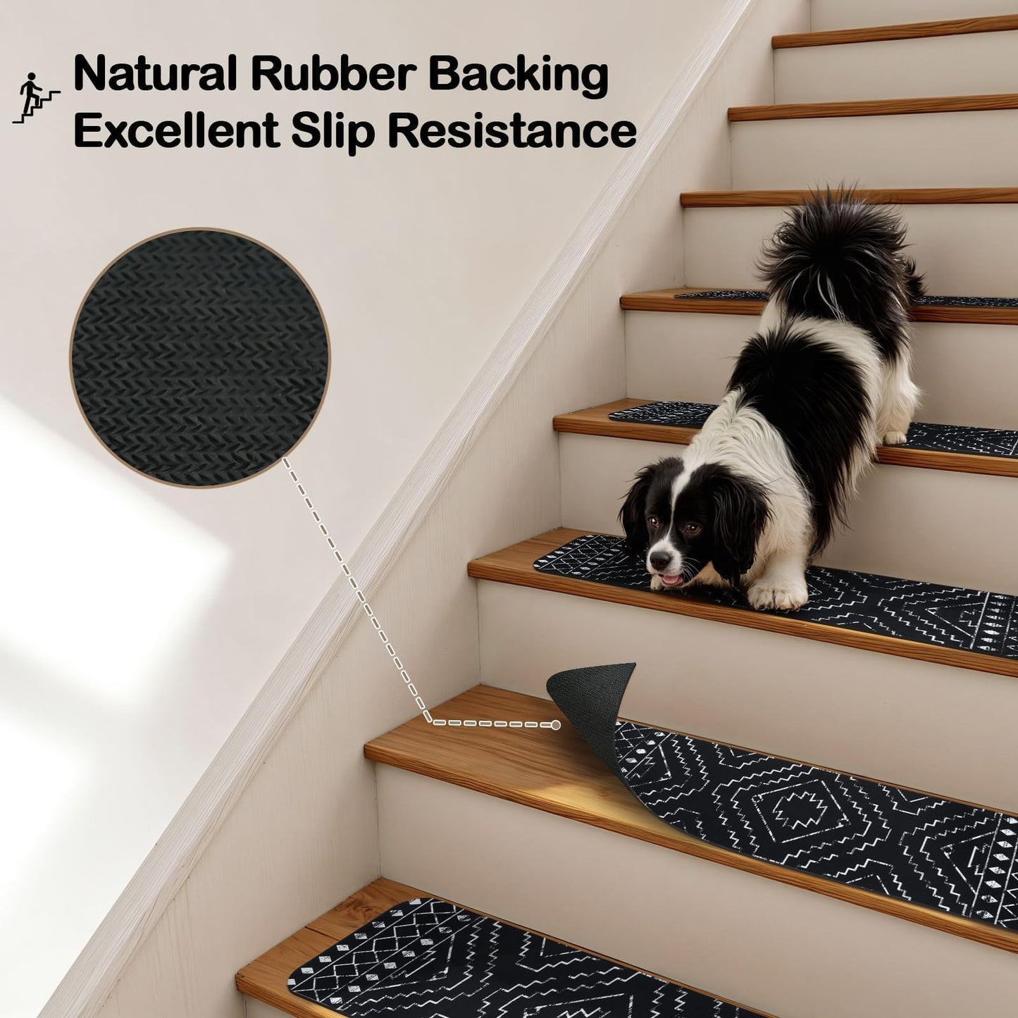 OJIA Boho Stair Treads Non-Slip Stair Runners for Wooden Steps Indoor 15PCS 30"x8" Washable Carpet Stair Treads Stair Mats Staircase Step Treads for Kids, Elders and Dogs, Stair Covers, Black