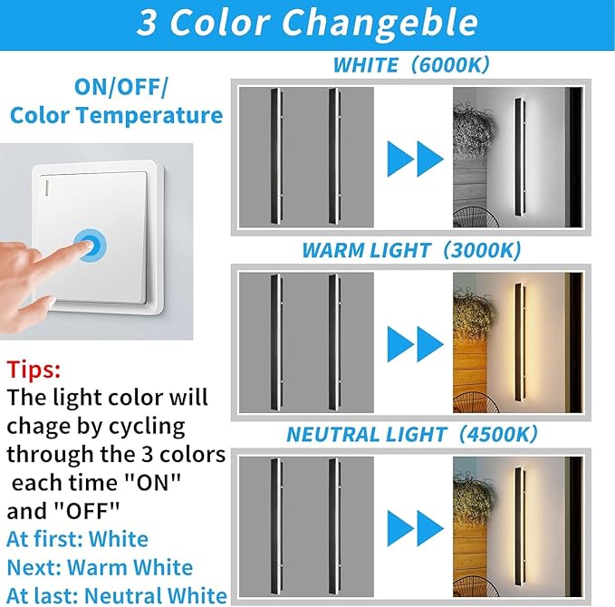 Mikeru 2 Pack 57inch Modern Outdoor Wall Sconce, 3000K/4500K/6000K 3 Color Temperature LED Exterior Light Fixtures, Modern Long Porch Lights Wall Sconce for Garage, Doorway, Porch, Patio
