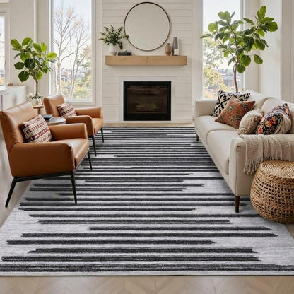 GarveeHome 8x10 Washable Living Room Rug Modern Striped Non Slip Low Pile Indoor Carpet for Home Office Bedroom Dining Room Geometric Stain Resistant Simple Rugs, Black Grey
