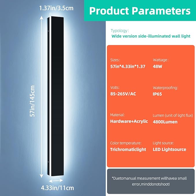 Upgrade Widened 2 Pack Long Outdoor Wall Lighting Fixture, 57inch Modern LED Wall Sconce, 3 Color 3000K/4500K/6000K, 50W, IP65 Waterproof, Black Exterior Light Fixture for Patio, Garden, Garage