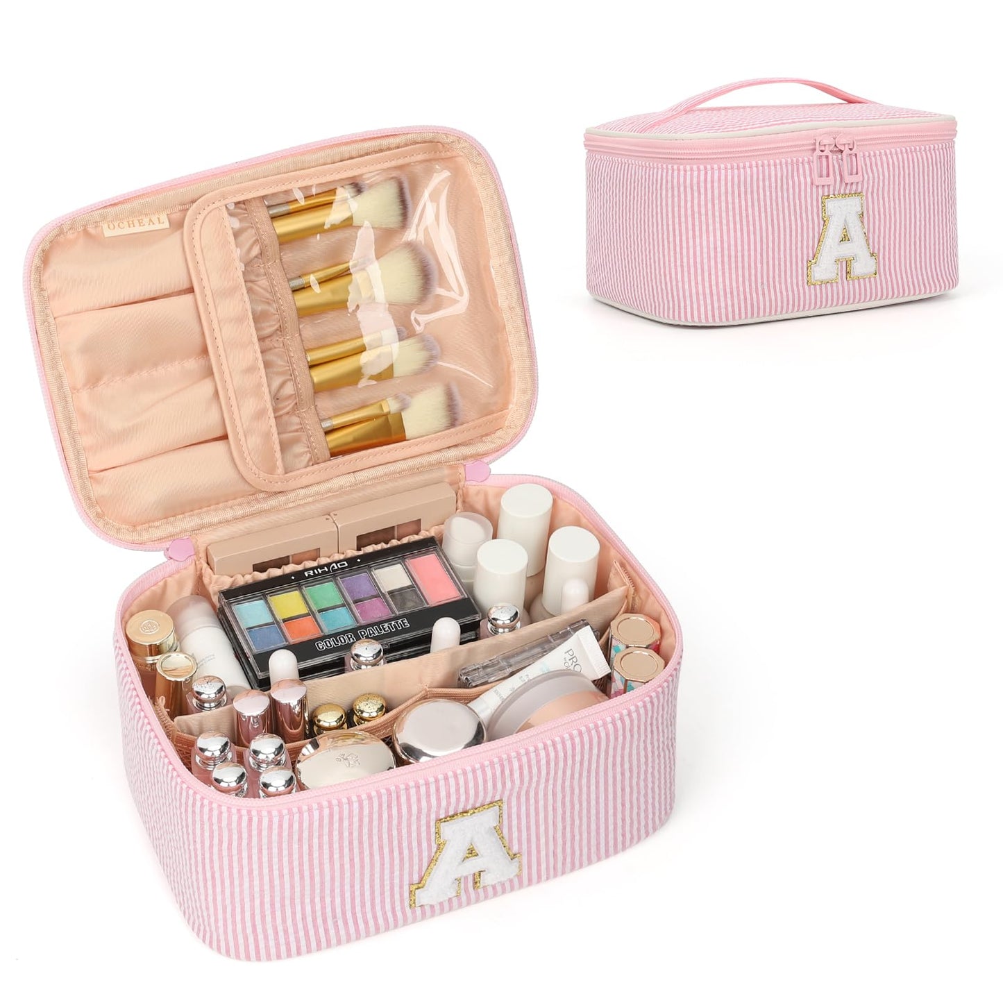 OCHEAL Makeup Bag for Women, Monogram Cosmetic Bag Pink Travel Makeup Case Beauty Toiletry Bag Organizer Personalized Gifts for Girls Bridesmaid, Sister, Wife, Friends Initial A