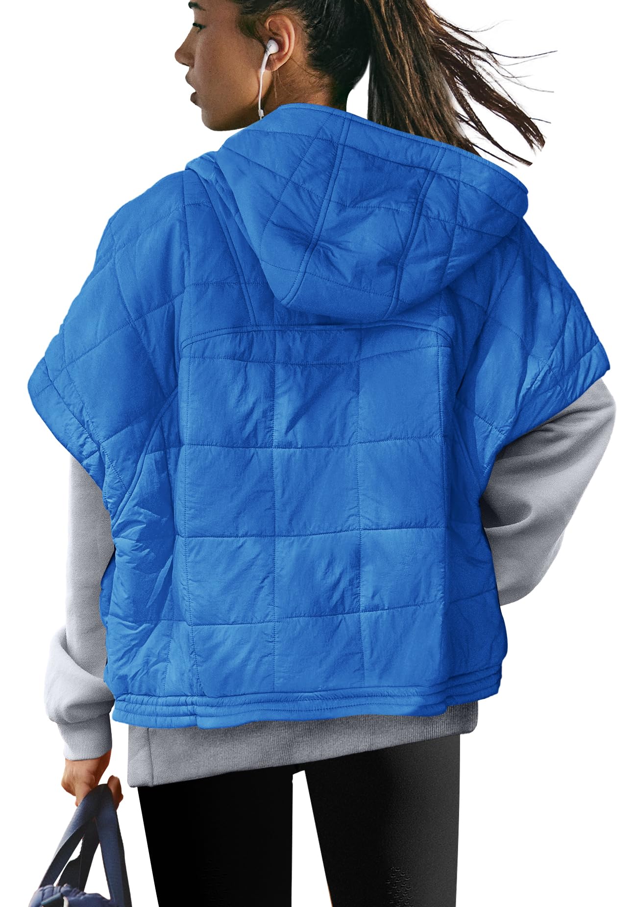 SENSERISE Womens Oversized Puffer Vest Sleeveless Quilted Jacket Zip Up Hooded Puffy Vest Ponchos Coats with Pockets(Lake Blue,L)