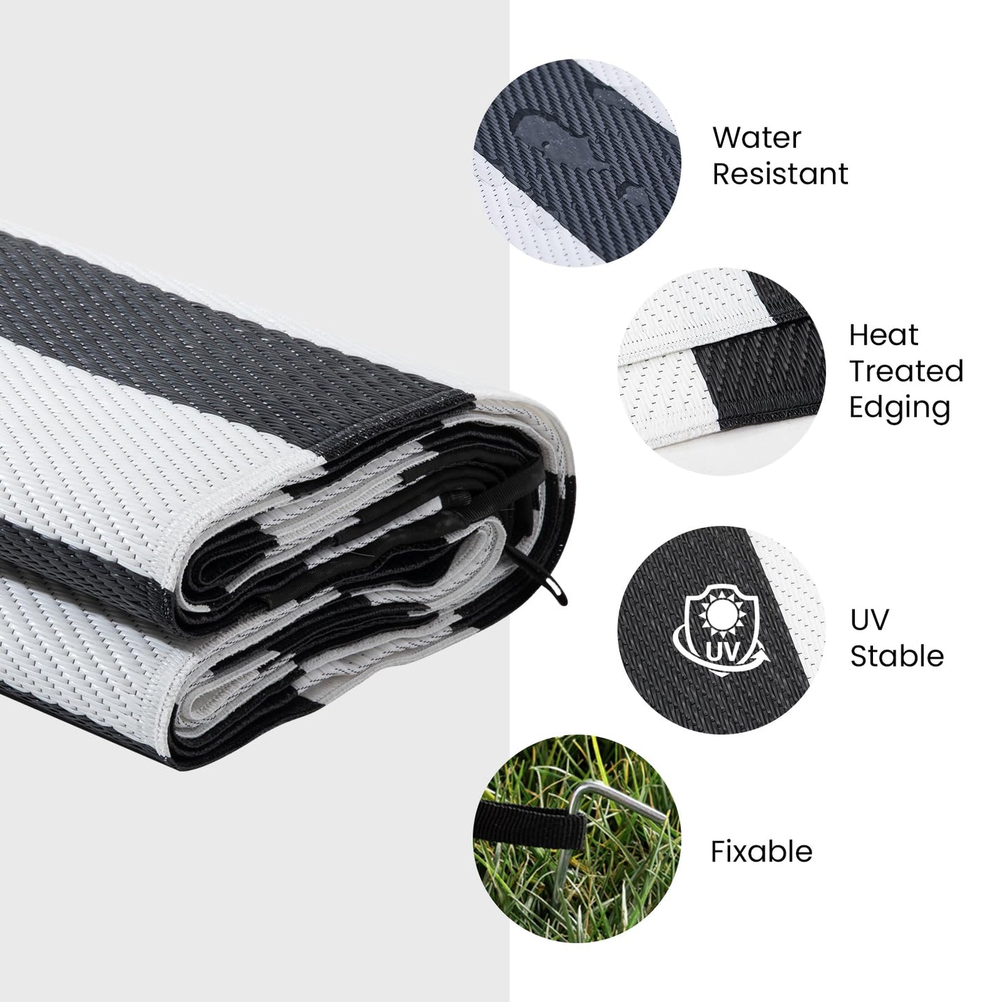 Strickland Home Outdoor Rug 6 x 9 ft, Reversible Plastic Straw Rug for Patio, Waterproof Large Outdoor Carpet for RV, Patio, Camping, Backyard, Deck, Picnic, Beach, Black & White