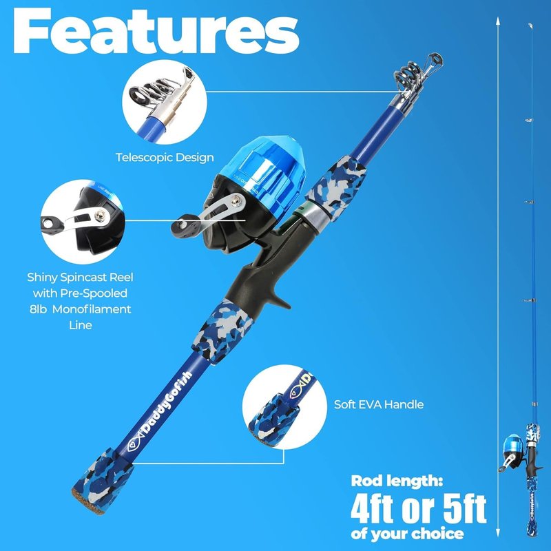 DaddyGoFish Kids Fishing Pole - Rod Reel Combo Tackle Box Starter Set - First Year Small Gear Kit for Boys Girls Toddler Youth Age Beginner Little Children (Essential Set, Blue, 4ft)