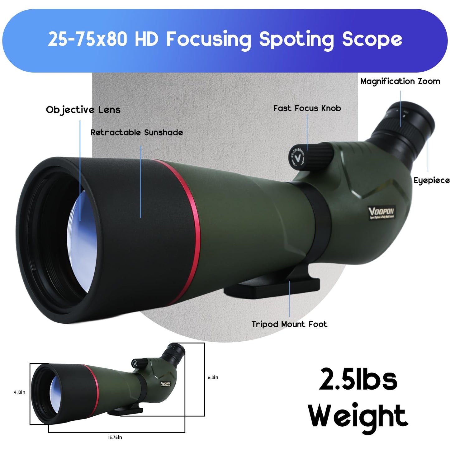 Voopon 25-75x80 Compact Spotting Scope Ultra Bright HD Lens Waterproof Frogproof Nitrogen Filled with Phone Adapter Tripod for Target Shooting, Hunting, Bird Watching, Wildlife Viewing