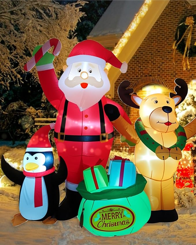 7FT Christmas Inflatables Outdoor Decorations, Blow Up Yard Decorations with Santa Claus Penguins Reindeer and Gift Bag Inflatable with LED Lights for Indoor Outdoor Yard Garden Decor