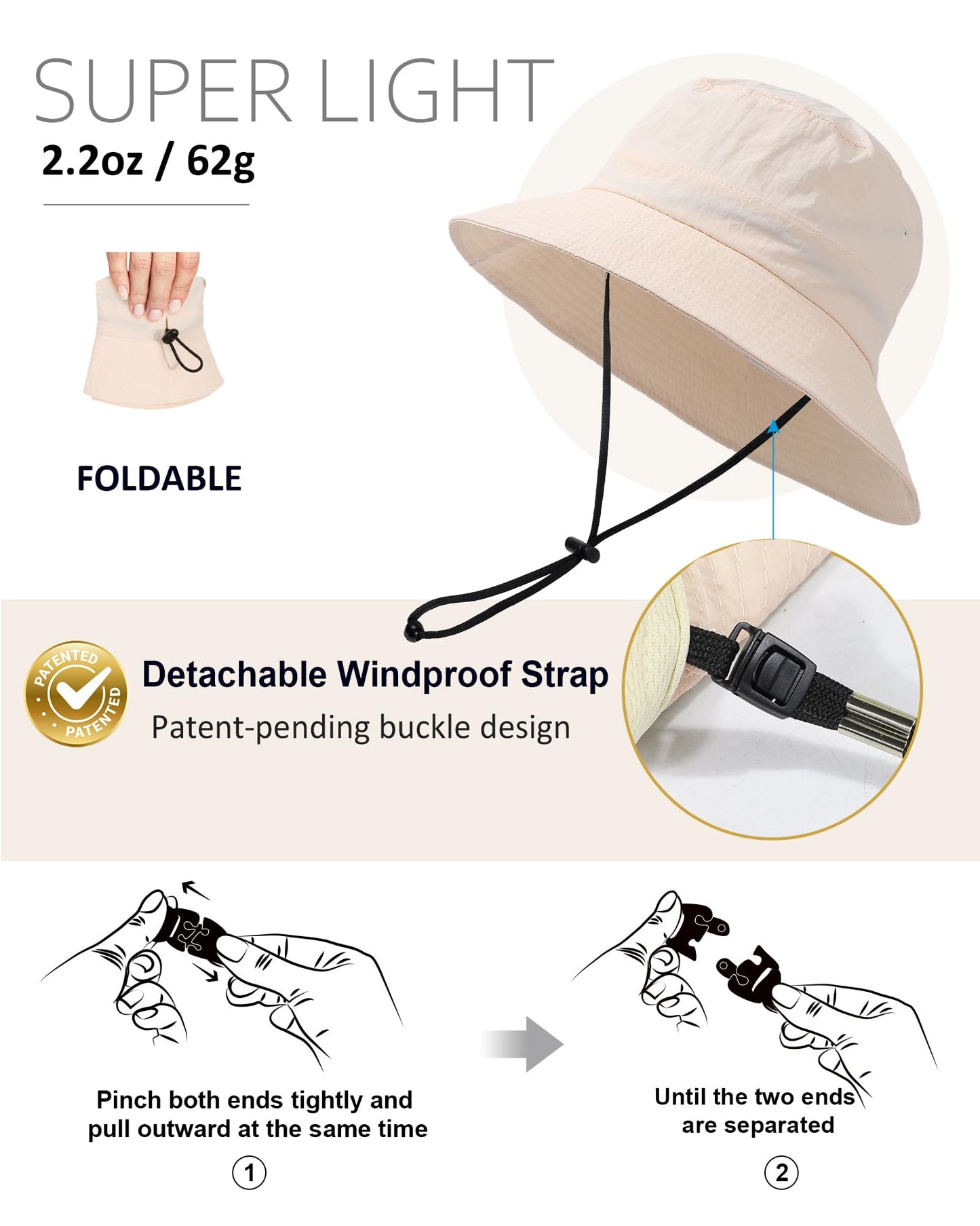 Water-Resistant Bucket Hat for Women Men Rain Hat UPF 50+ Boonie Sun Hat Foldable Summer Floppy Fishing Safari Hats Light Beige