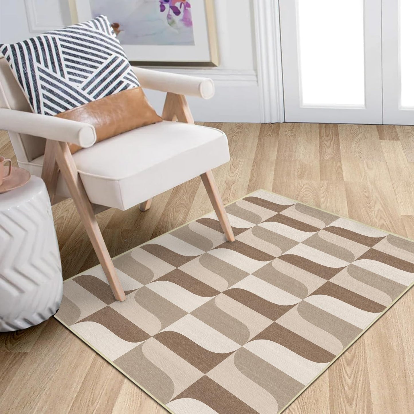 Modern Geometric 2x3 Rug for Entryway Neutral Beige Brown Abstract Mid Century Modern Area Rug Machine Washable Door Mat Small Rugs Non-Slip Printed Low-Pile Floor Carpet for Bathroom Kitchen Laundry