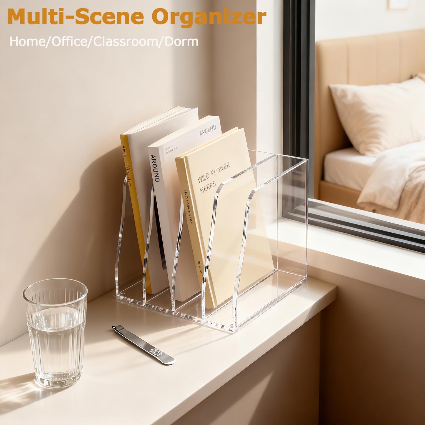 YUXUN Clear Acrylic File Folder Holder - 4 Vertical Compartments Desk Document Sorter, Upright Magazine Rack for Office/Home/Classroom, Stores Documents, Tablets, Magazines, Books & Accessories