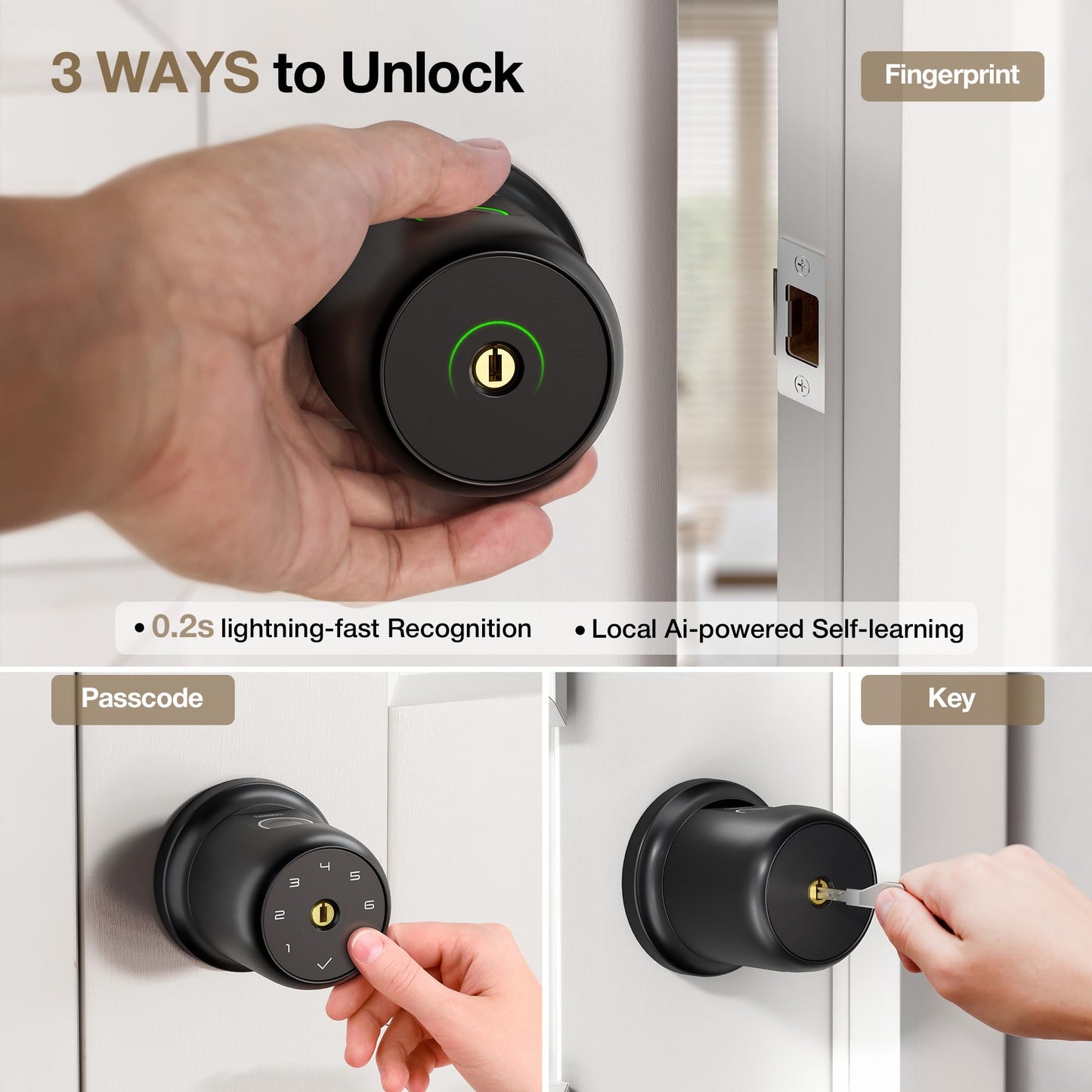 ThorBolt G1 Fingerprint Door Knob Lock with Keypad Biometric Door Knob Auto-Lock 4* AAA Alkaline Batteries Interior Door Lock for Bedroom, Garage, Office, Pantry Door Desert Titanium