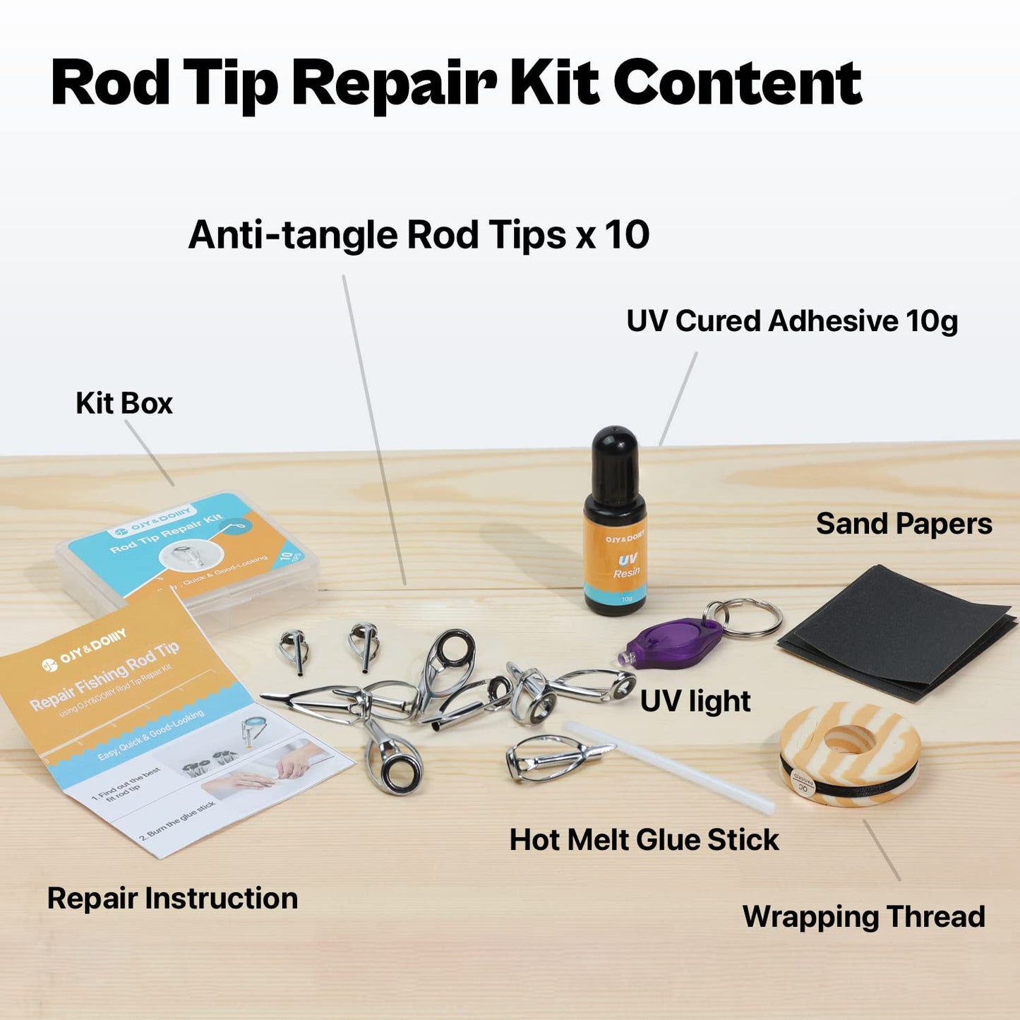 OJYDOIIIY Fishing Rod Tip Repair Kit with Glue, 10 Tangle Free Stainless Steel Rod Tip Eyelets Replacement Parts with UV Curable Resin Finish
