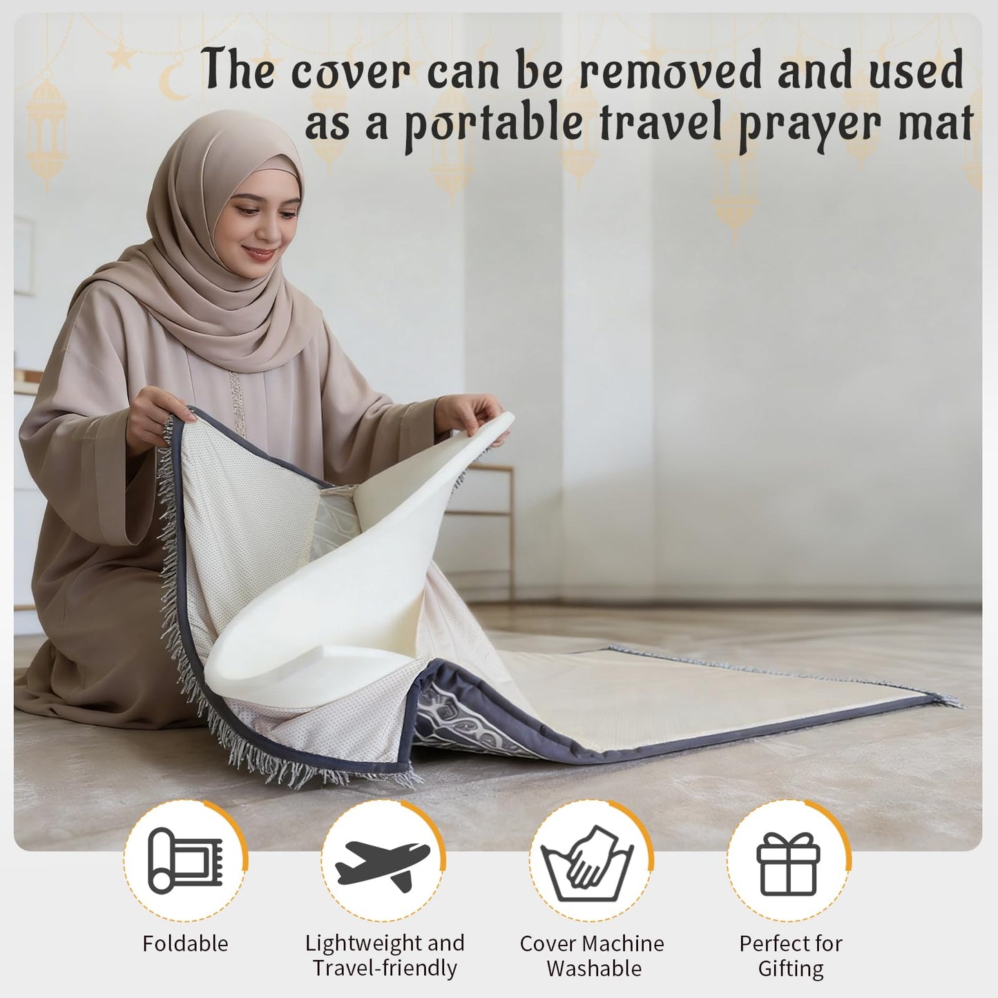 KKS KAKINNSYUU Muslim Prayer Mat, 2-in-1 Washable Prayer Rug with Removable Cover, Thick Padded Foam Janamaz Sajadah, Non Slip Islamic Prayer Mat for Men Women, Travel 31.5"x47.2"