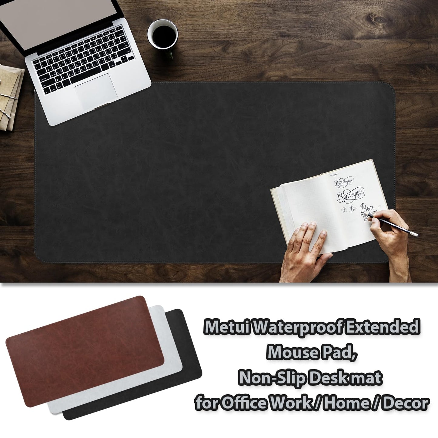 Leather 15.7"x 31.5" Desk pad for Computer and laptops, Ideal for Gaming and Office use, Large Mouse pad and Keyboard mat,Desk mat Special for man. A complimentary Wrist pad and Phone Stand.(Black)