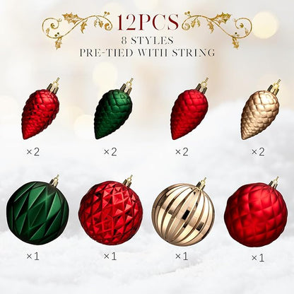 JORNOY Christmas Tree Ornaments, 4inch/100mm Shatterproof Ornaments for Christmas Tree Set - Large Plastic Decorative Hanging Balls Ornaments for Xmas Tree Decorations Party, 12ct (Red & Green & Gold)