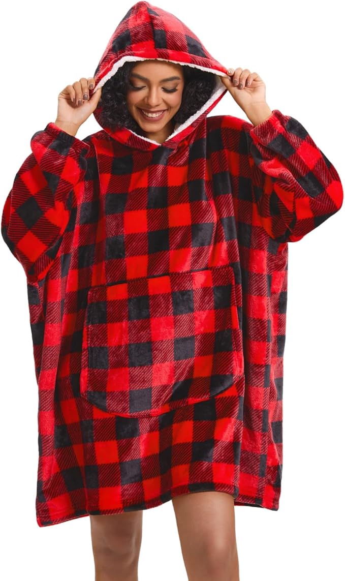 Wearable Blanket Hoodie Red Plaid Warm Sweatshirt Hooded Blanket One Size Fits All