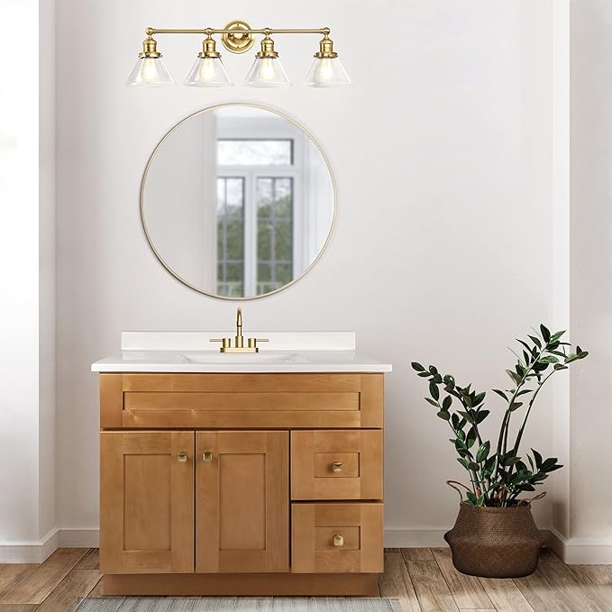 Design House Augustin Vanity Light, 4-Light, Seeded Glass Warm Glow, Dimmable, Up/Down Glow, Easy Installation, E26 Socket, Satin Gold, 34.9 in L x 8.3 in D x 11.1 in H, 589044-SG
