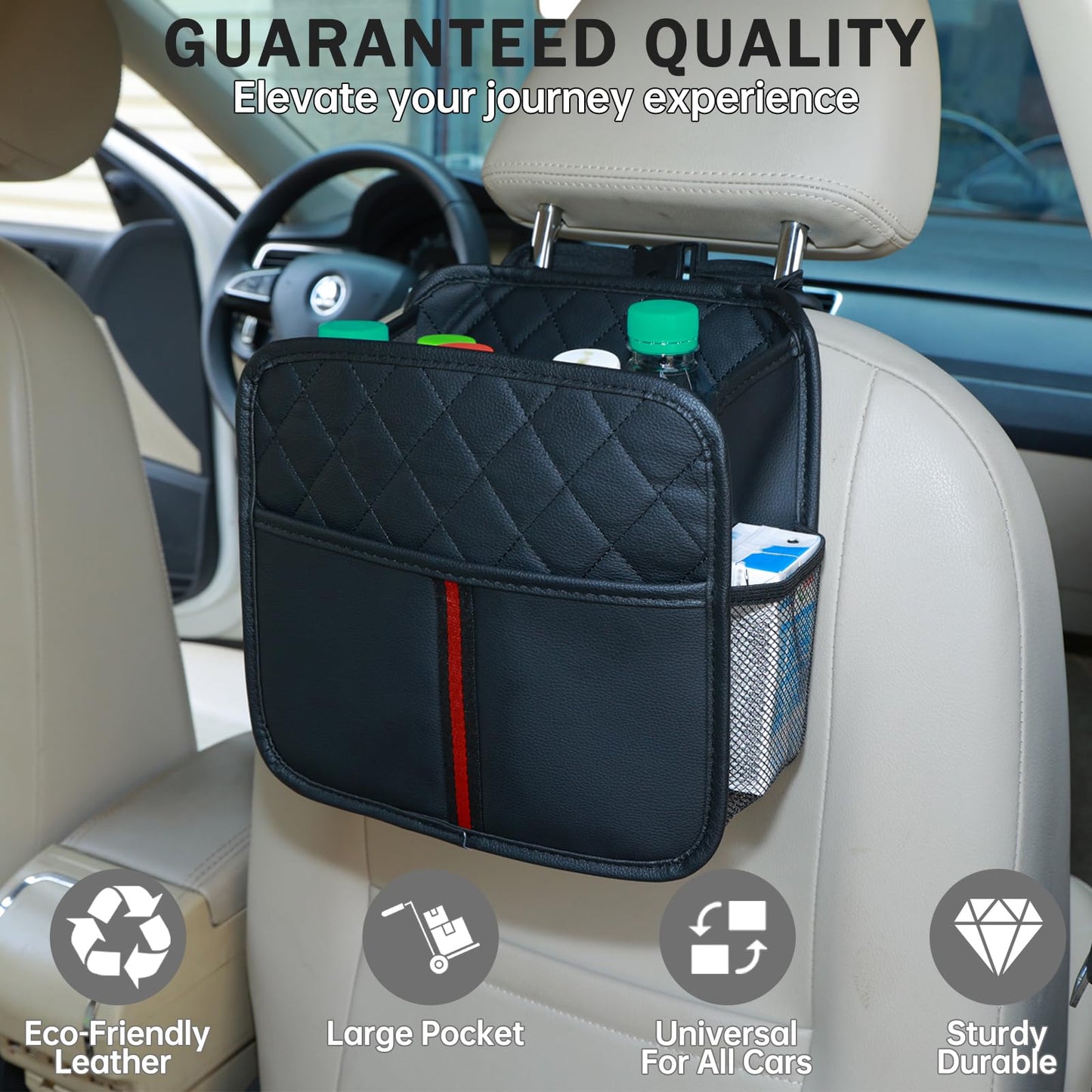 JHLGRE Car Seat Back Organizer, 1 Pack Multifunctional car organizers and storage with Cup Holders, Car Trash Can, Back of Seat Car Organizer for Kids & Adults, Universal for Most Cars, Black