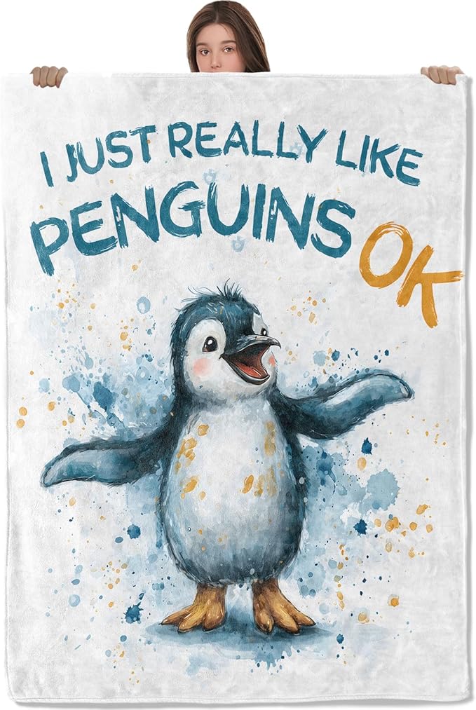 Cute Penguin Lightweight Throw Blanket, Watercolor Cartoon Animal with Splash Ink, Warm Soft Cozy Flannel Blankets, Couch Dorm Home Decor All Season Use, 80x60in, White, Gifts for Kids Girls