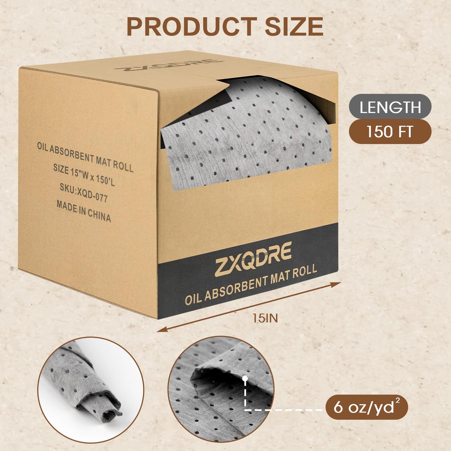 ZXQDRE Oil Absorbent Pads Roll 15" x150', 6 oz Heavy Duty Oil Absorbent Mat in a Dispenser Box, Industrial Spill Cleanup Absorbers for Leaks & Drips in Garage Workshop, All-Purpose Maintenance Mat