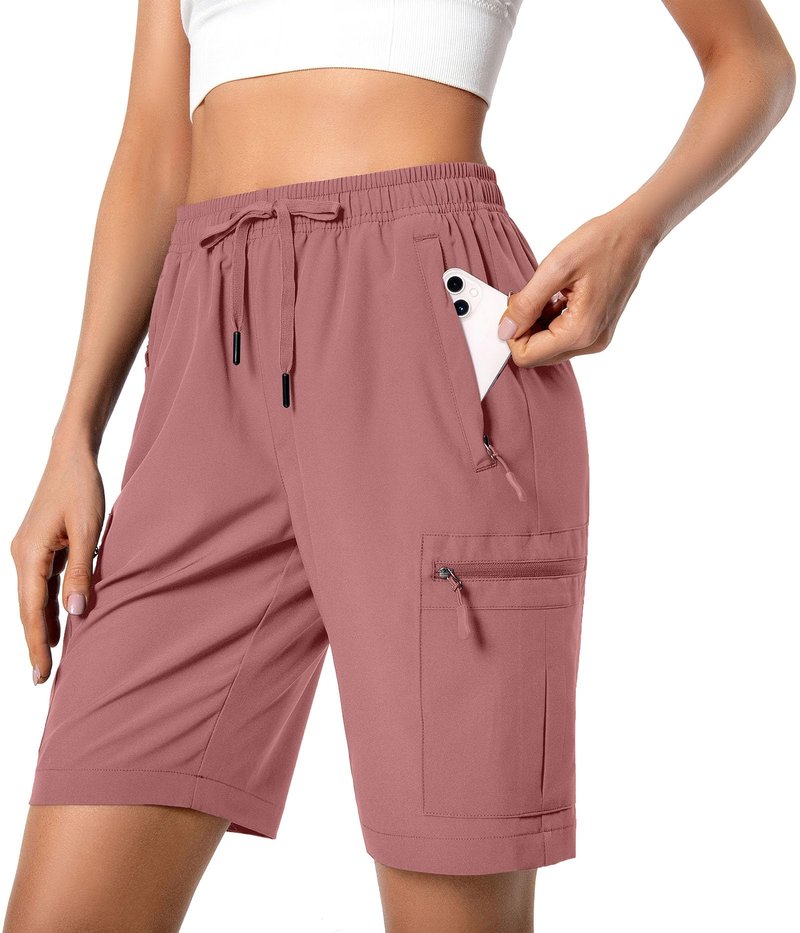 Hugut Women's Lightweight Hiking Cargo Shorts Quick Dry Athletic Shorts for Camping Travel Golf with Zipper Pockets Water Resistant Dusty Pink