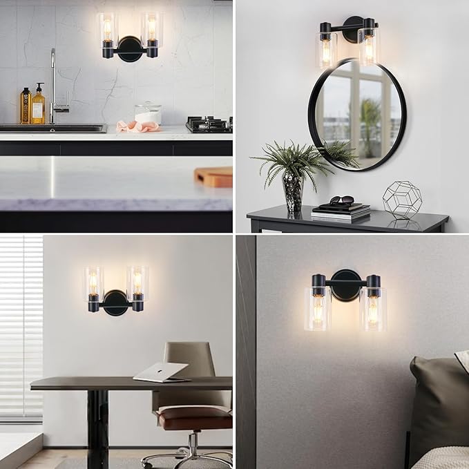 2 Light Bathroom Wall Light Fixtures Black Bathroom Wall Sconce with Clear Glass Lights Over Mirror Vanity Lights E26 Base