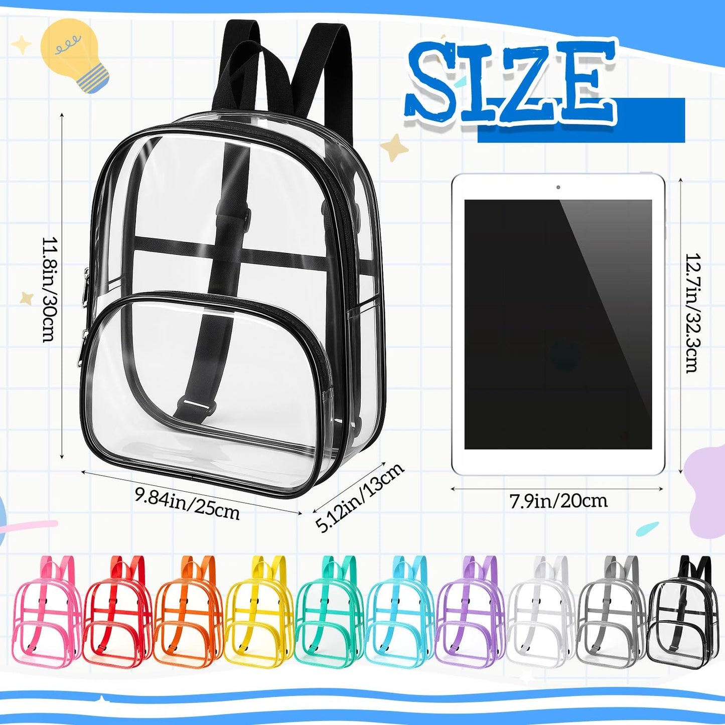 Aliceset Clear Backpack Bulk Waterproof Transparent Colorful Bookbag Donation Supply Kits for Women Men(12 Inch,50 Pcs)