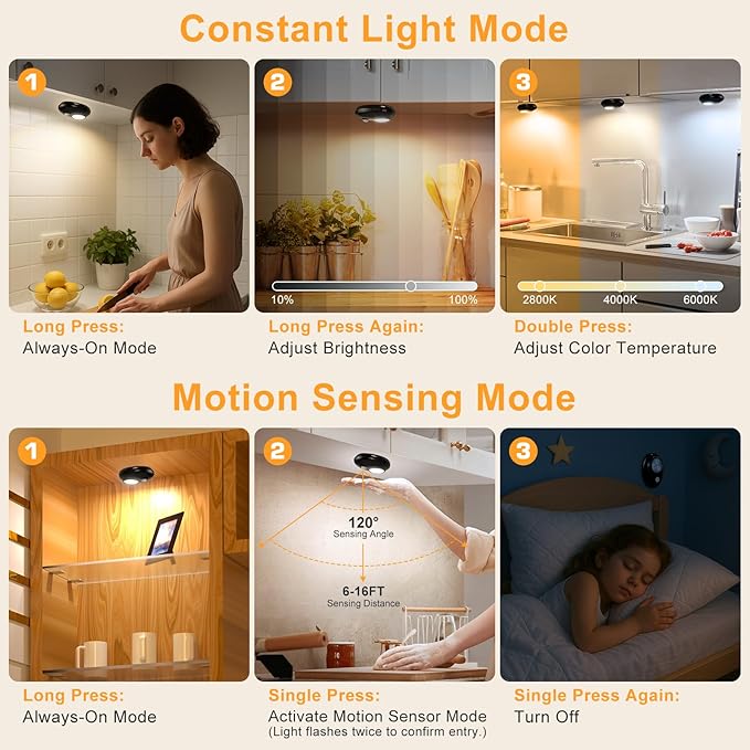 Motion Sensor Puck Lights, 3 Color Temps Dimmable LED Closet Light, Wireless USB Magnetic Cabinet Lights, Black Stick On Motion Sensor Light Indoor for Stair, Kitchen, Shelf (6 Pack)