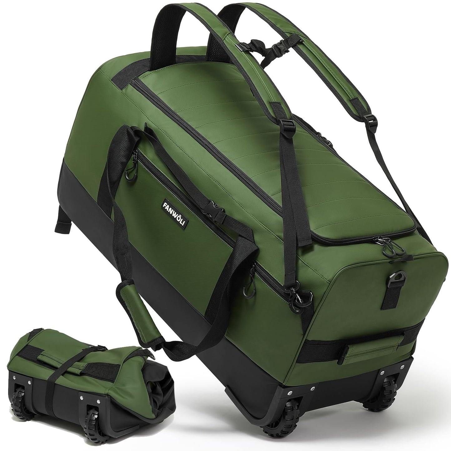 Fanwoli 100L Rolling Duffel Bag with Wheels, Durable Travel Duffel Backpack with Hidden Straps & Waist Support, Waterproof Foldable Luggage for Outdoor, Airport & Camping, Men/Women,Green