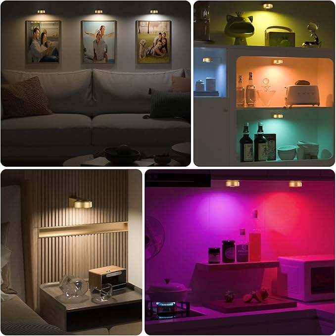 3PCS Picture Lights, Rechargeable Battery Magnetic Poster Lights with 3 Color Temps&12 RGB, Dimmable and Timer Metal Art Light for Display, Wall, Artwork, Gallery (Gold)