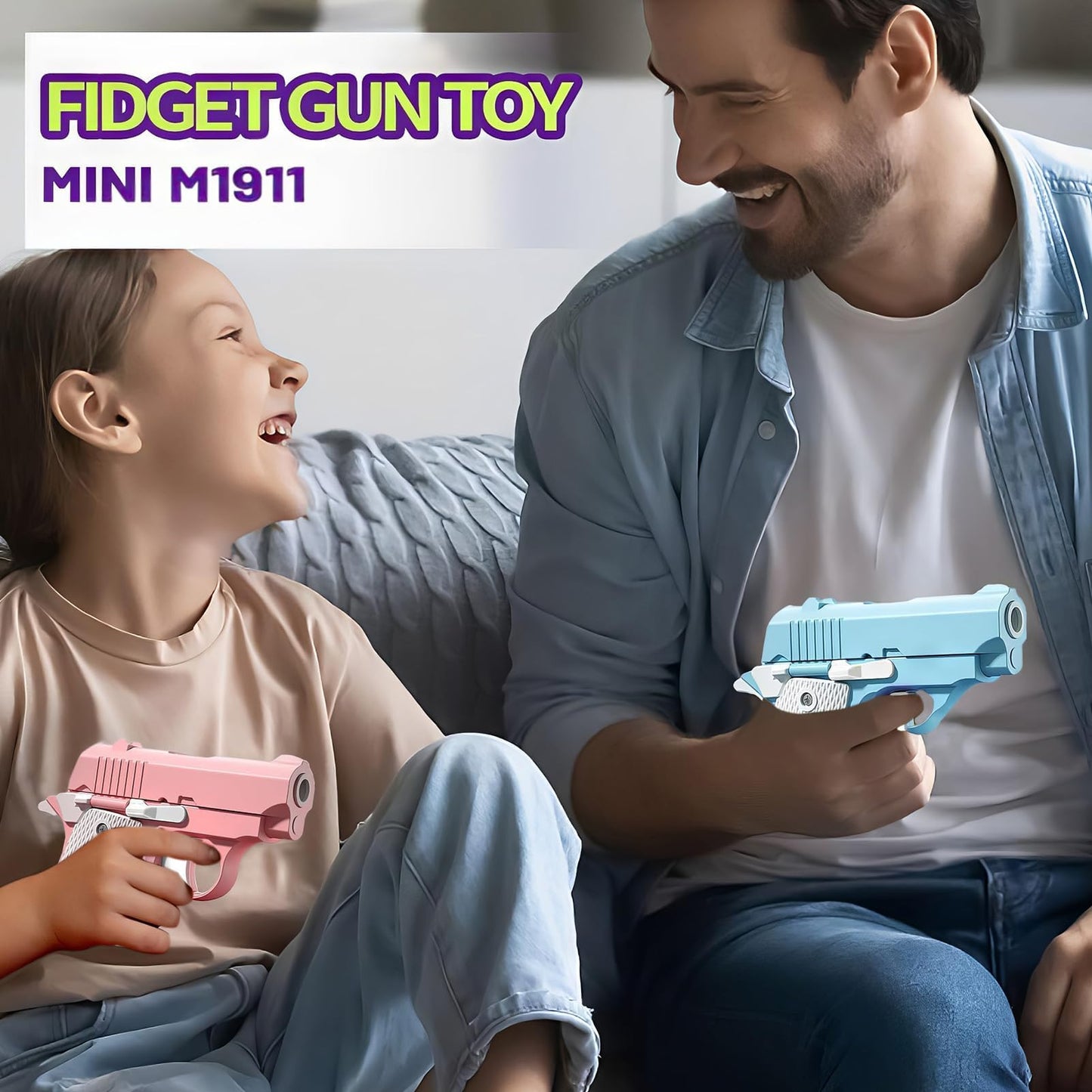 Hikewintoy Cool Fidget 1911 Toy Gun, 2 Pack 3D Printed Mini Stress Relief Toys, Fidget Toys Suitable for Relieving ADHD & Anxiety Relief, for Adults and Kids (Pink Blue)