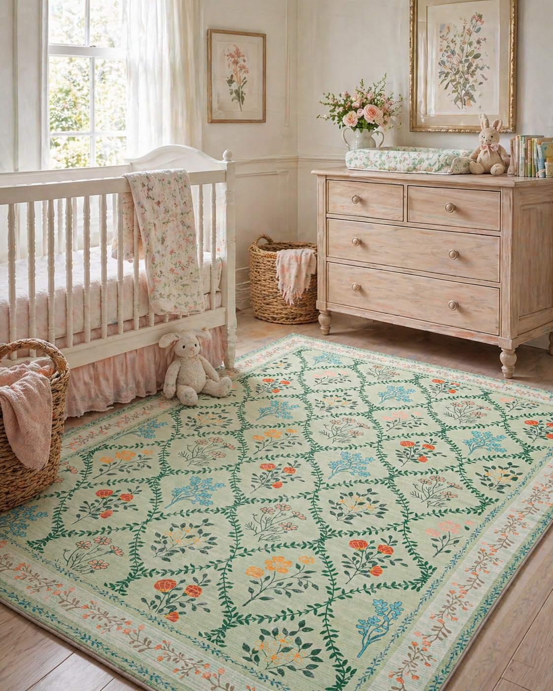 YIHOUSE Green Floral 5x7 Area Rugs for Bedroom Girls, Washable Rug for Living Room Non Slip Ultra-Thin, Large Boho Carpet for Kids Playroom, Classroom, Dorm, Nursery, Green Multi