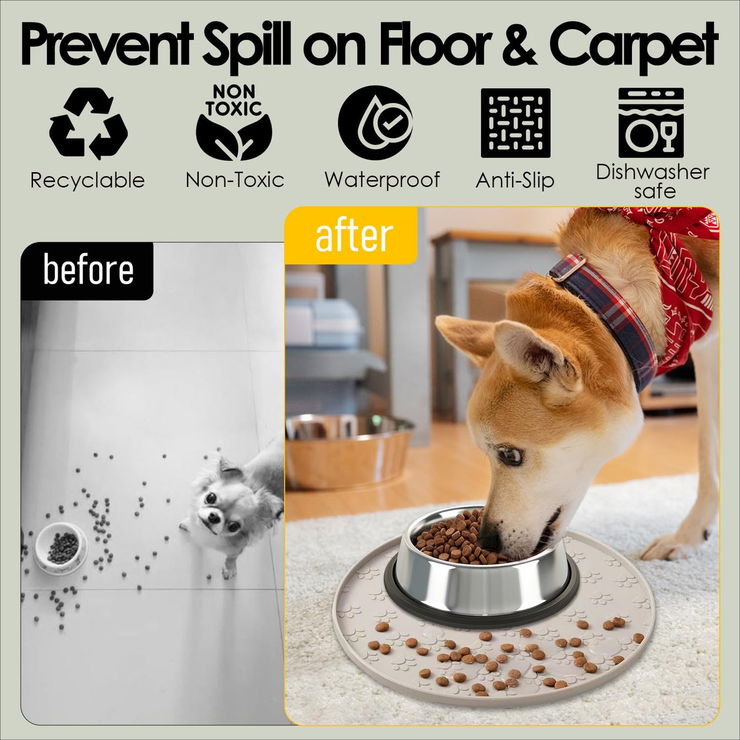 AVYDIIF Pet Feeding Mats for Food and Water, Waterproof Anti-Slip Placemats for Dog Cat Bowl, 1 Pack Silicone Pet Food Mat, Dishwasher Safe 10.9 × 10.9 (1 Beige, Small Paws)