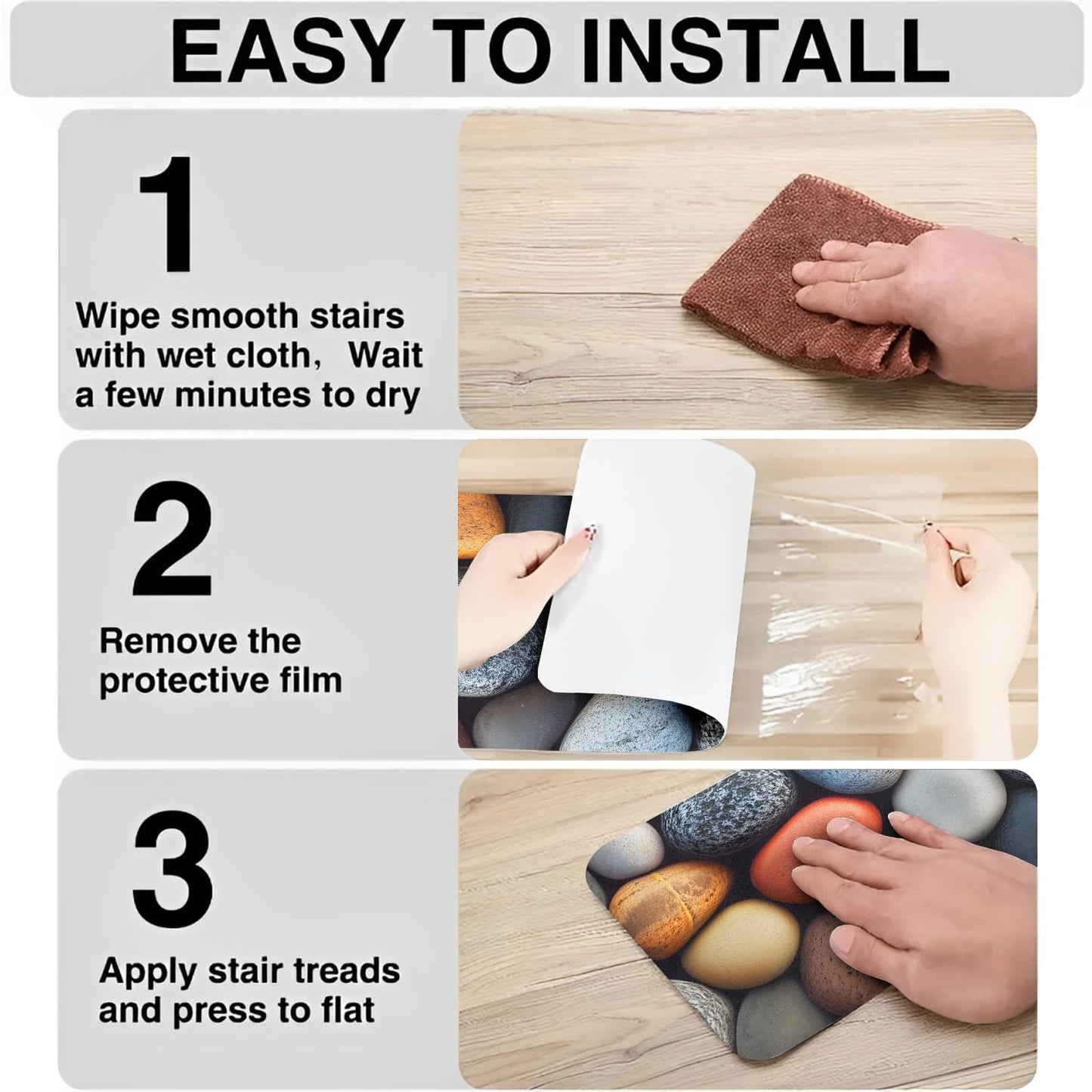 15 Pack Non-Slip Stair Treads for Wooden Steps, 8" x 30" Self-Adhesive Indoor Carpet Stair Runners, Washable Safety Stair Mats with 3D Pebble Stone Print, Anti-Skid Rugs (Pebble Stone 1)