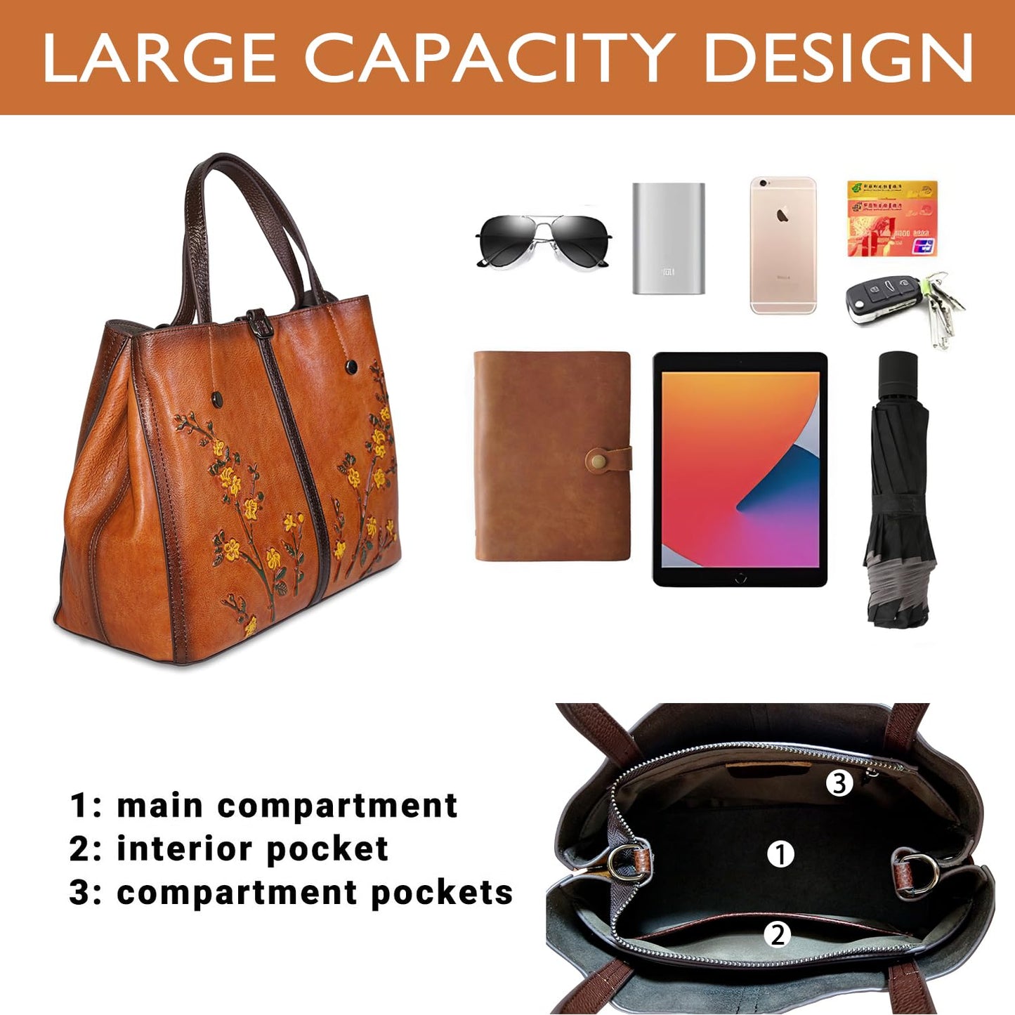 SHARPAD Genuine Leather Satchel for Women Top Handle Bags Handmade Purse Vintage Embossed Leather Crossbody Handbags Hobo Bag (Brown-2)