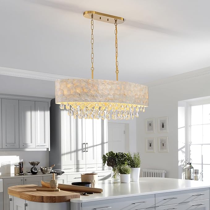 6-Lights Oval Capiz Shell Crystal Linear Chandeliers, Coastal Design Light Fixture for Dining Room, Kitchen Island, L32xW12xH19~65 Inch(Adjustable), Shell Lampshade & Brass Finish